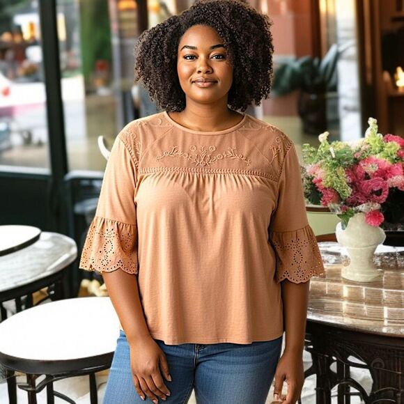 Sonoma Mesh Embroidered Top 3X Eyelet Camel Color Jersey Knit Boho Chic Western. - Picture 16 of 16